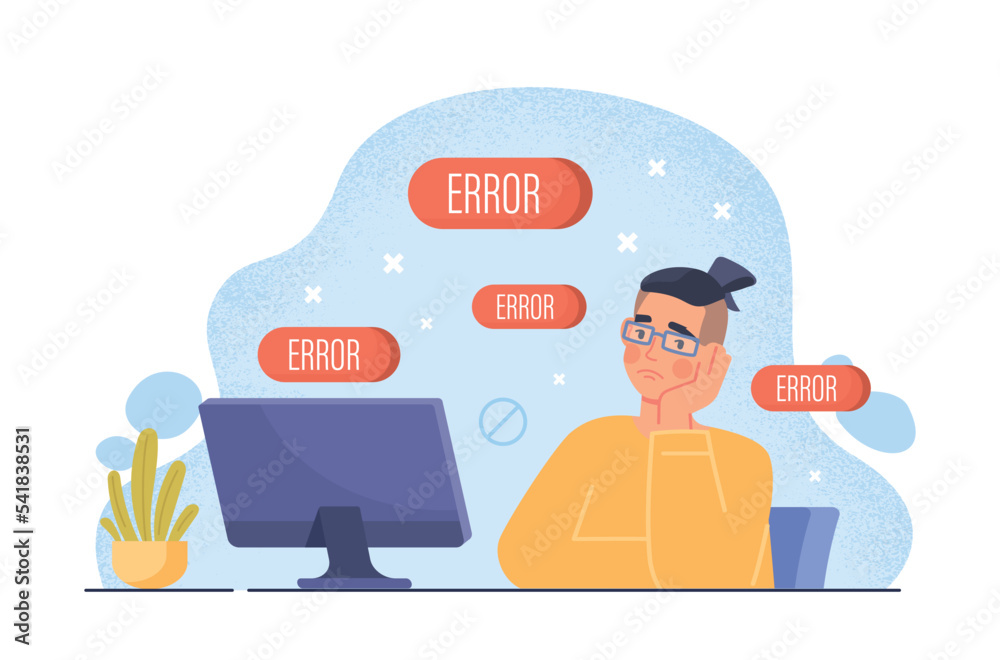 Poster computer error concept. man sits in front of monitor screen. programmer with wrong code, technical s