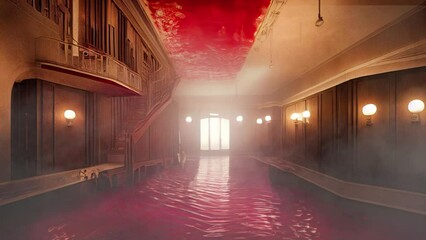 An intense, horrifying haunted hotel of horrors with rivers of blood flowing through the hall and rooms. Halloween for horror theme backgrounds.