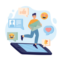 Social media concept. Man stands at screen of smartphone. Communication on Internet and messengers. Character with interesting content. Poster or banner for website. Cartoon flat vector illustration