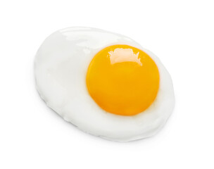 Tasty fried chicken egg isolated on white, top view