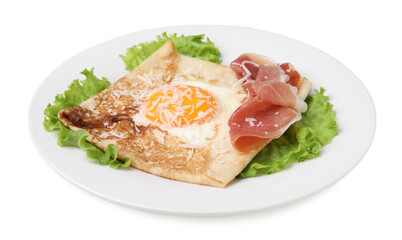 Delicious crepe with egg isolated on white. Breton galette