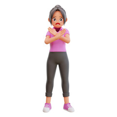 Cute girl Cross hands no gesture 3d cartoon illustration
