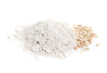 Pile of oatmeal flour and flakes isolated on white