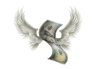 One hundred dollar banknote with wings on white background