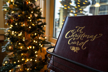 A closeup view of holiday book with a christmas tree illuminated in the background. 