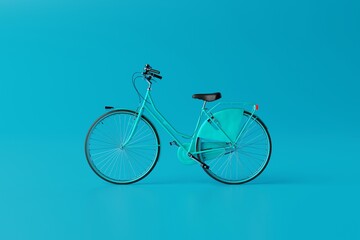 Blue bicycle on a blue background. Concept of cycling, environmental protection and keeping fit. 3D rendering, 3D illustration.