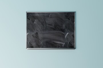 School blackboard on blue background. Concept of learning and going to school. 3d rendering, 3d illustration.