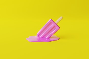 Melted pink ice lolly on a pastel background. Concept of summer, vacation. Cooling down on warm days. 3d rendering, 3d illustration.