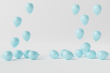Blue balloons on a white background. Concept for the release of balloons, balloons inflated with air. 3d rendering, 3d illustration.