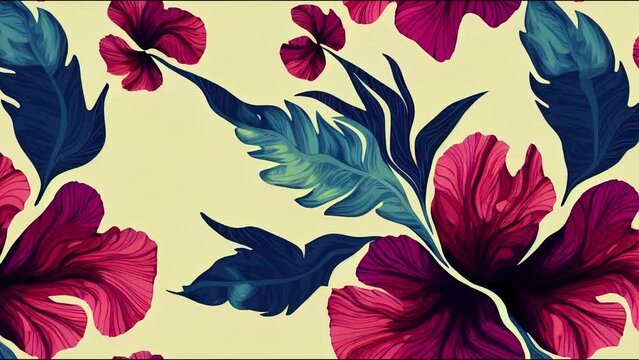 Abstract Hand Drawing Tropical Exotic Hibiscus Flowers and Leaves Seamless animation with Tie Dye Background