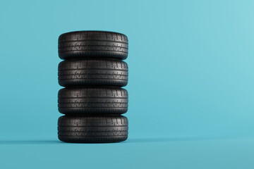 Fototapeta na wymiar Tires on a blue pastel background. Wheel change concept, vulcanization. Seasonal tire change. 3d render, 3d illustration.