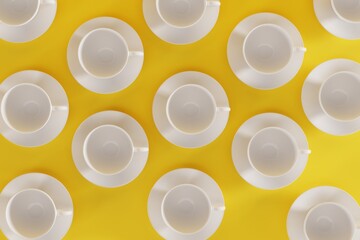 Top view of white teacups on yellow background. Concept background with cups, drinking coffee, tea. 3d render, 3d illustration.