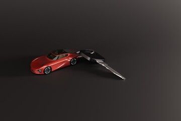A key with a car key ring attached. Concept of car keys, driving a car. 3d render, 3d illustration.