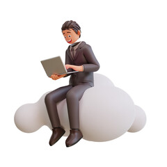 Concept mobile application and cloud services bussinesman character sits on big cloud sign 3d illustration