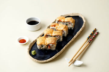 Salmon Mentai Sushi on Blue Plate