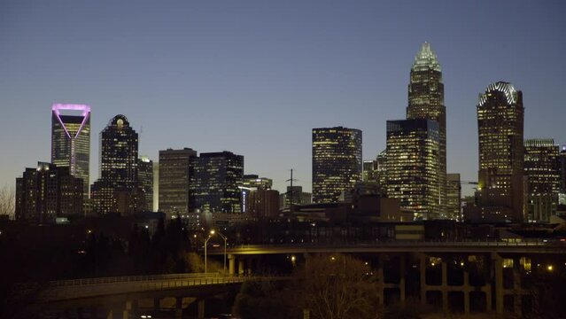 Lockdown Shot Of Illuminated Skyscrapers Against Clear Sky At Night - Charlotte, North Carolina