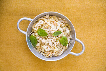 Mushrooms pasta food on plate.Mushroom pasta food on plate.Italian mushroom pasta food. Pasta food. Vegetarian pasta food.Mushroom spaghetti pasta. Food. Oyster mushrooms pasta food on plate.