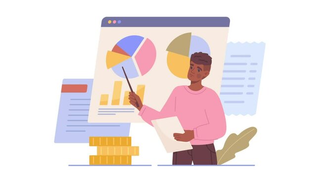 Money management video concept. Moving male entrepreneur or accountant presents financial report and analyzes statistics of income and expenses. Budget planning. Flat graphic animated cartoon