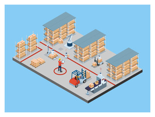 3D isometric automated warehouse robots and Smart warehouse technology Concept with Warehouse Automation System and Robot Transportation operation service. Vector illustration EPS 10