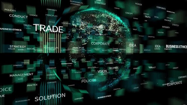 4k business ethics word tag cloud;text design animation;abstract tech earth background;business ethics Related Terms.