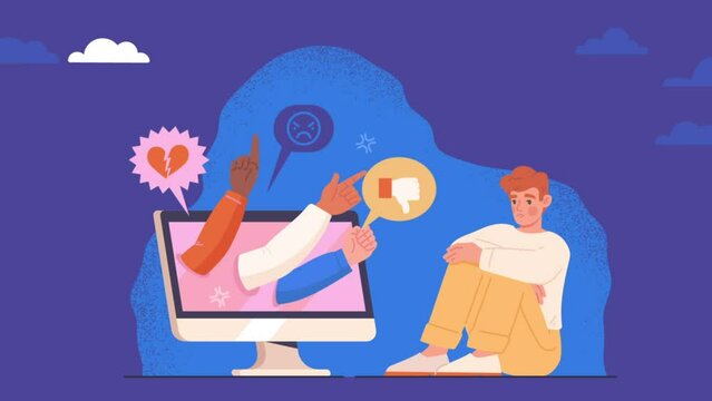 Cyberbullying on internet. Moving hand of haters or online abusers put psychological pressure on character. Young guy teenager with mental problem due to social networks. Flat graphic animated cartoon