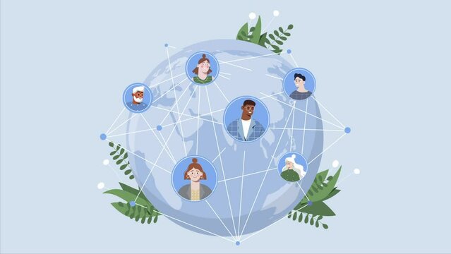 Social network communication video concept. Global connection and remote chatting on the Internet. Moving globe or planet with avatars of users, friends and families. Flat graphic animated cartoon