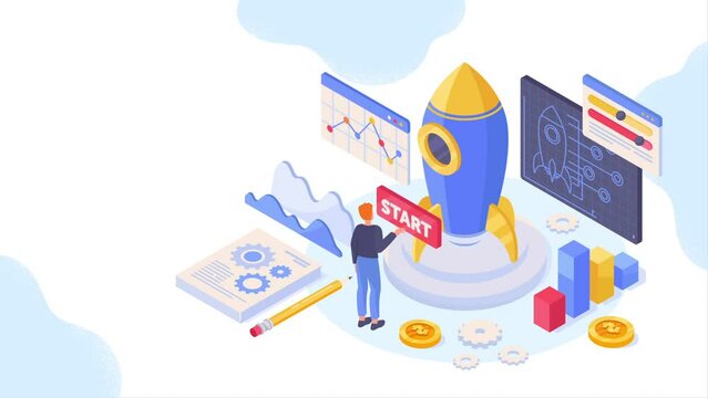 Startup development video concept. Moving male entrepreneur launches rocket. Metaphor for starting new business or coming up with creative idea for company. Isometric graphic animated cartoon