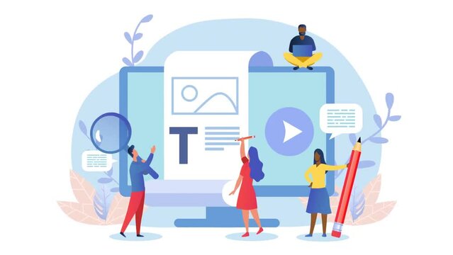 Blogging or copywriting video concept. Team of moving journalists or article writers creates quality content for audience on social media. Creative employees create post. Flat graphic animated cartoon