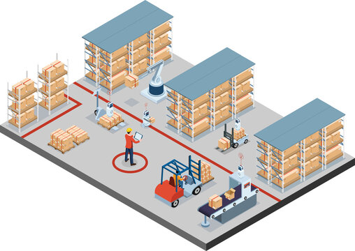 3D Isometric Automated Warehouse Robots And Smart Warehouse Technology Concept With Warehouse Automation System And Robot Transportation Operation Service. Clipart Transparent PNG