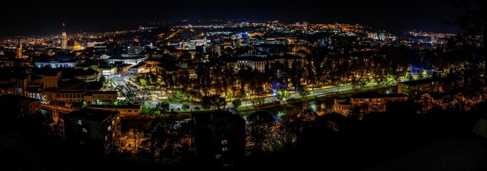 Panoramic night cityscape view with illuminated Cluj-Napoca city and trees