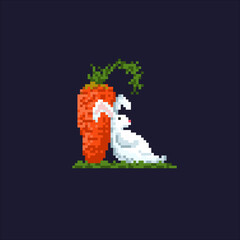 Fototapeta premium Pixel rabbits on a dark background. Cute rabbits in funny suits. New Year symbol. Rabbits family. Rabbit with carrot