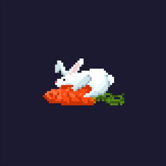 Pixel rabbits on a dark background. Cute rabbits in funny suits. New Year symbol. Rabbits family. Rabbit with carrot