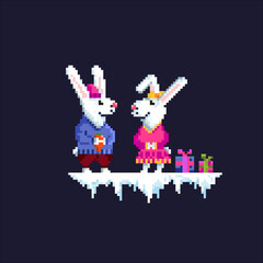 Pixel rabbits on a dark background. Cute rabbits in funny suits. New Year symbol. Rabbits family. Rabbit with carrot