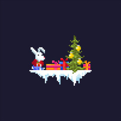 Pixel rabbits on a dark background. Cute rabbits in funny suits. New Year symbol. Rabbits family. Rabbit with carrot