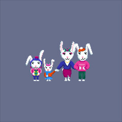 Obraz na płótnie Canvas Cute pixel rabbits in funny suits. New Year symbol. Rabbits family. Rabbit with carrot.