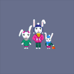 Obraz na płótnie Canvas Cute pixel rabbits in funny suits. New Year symbol. Rabbits family. Rabbit with carrot.