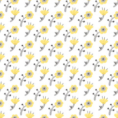Seamless floral pattern. Folk yellow and grey flowers on white background. Woman and home textile. Holiday wrapping and gift paper. Wallpaper and books cover