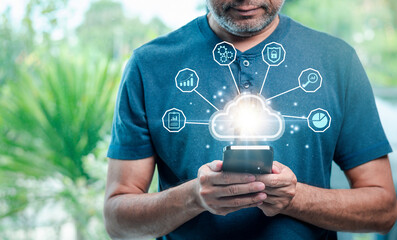 Cloud technology. Data storage. Networking server and backup database on internet service concept. businessman uses a smartphone with a cloud computing diagram display on a virtual screen. copy space
