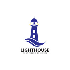 Lighthouse, Beacon logo icon. Vector Illustration. Modern linear simple logotype template. Lighthouses and ocean waves.