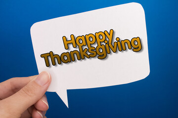 Speech bubble in front of colored background with Thanksgiving text.