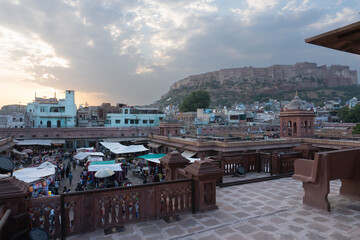 View from top, famous Sardar Market and Ghanta ghar Clock tower with Mehrangarh fort in background.