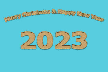 3D illustration New Year concept 2023 design with text sand design on a blue atoll color background.