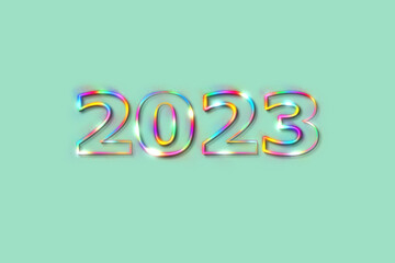 3D illustration New Year concept 2023 design with text glow rainbow design on a beach glass color background.