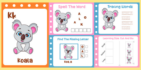 worksheets pack for kids with koala vector.