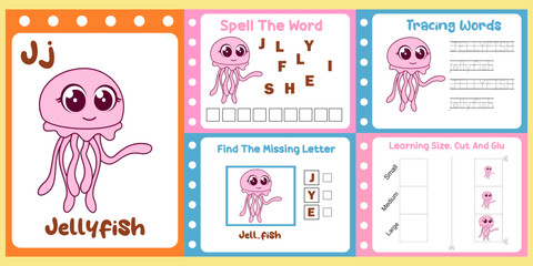 worksheets pack for kids with jellyfish vector. children's study book