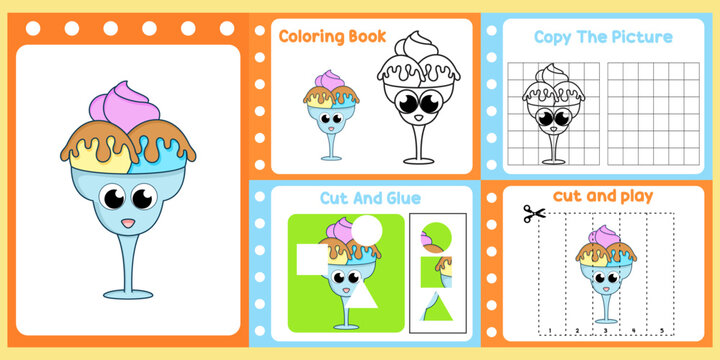 worksheets pack for kids with ice cream vector. children's study book