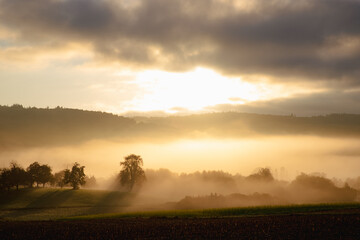 Fototapeta premium Southern Germany landscape at sunrise.