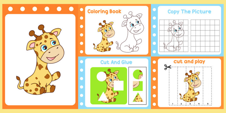worksheets pack for kids with giraffe vector. children's study book