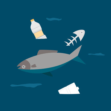 Dead fish floating in the lake flat design. Water pollution concept vector illustration.