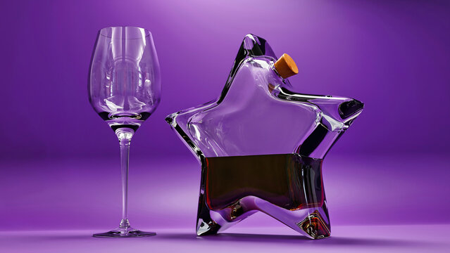 3d rendered illustrated of glass and star shape bottle with red liquide inside  it on purple background.